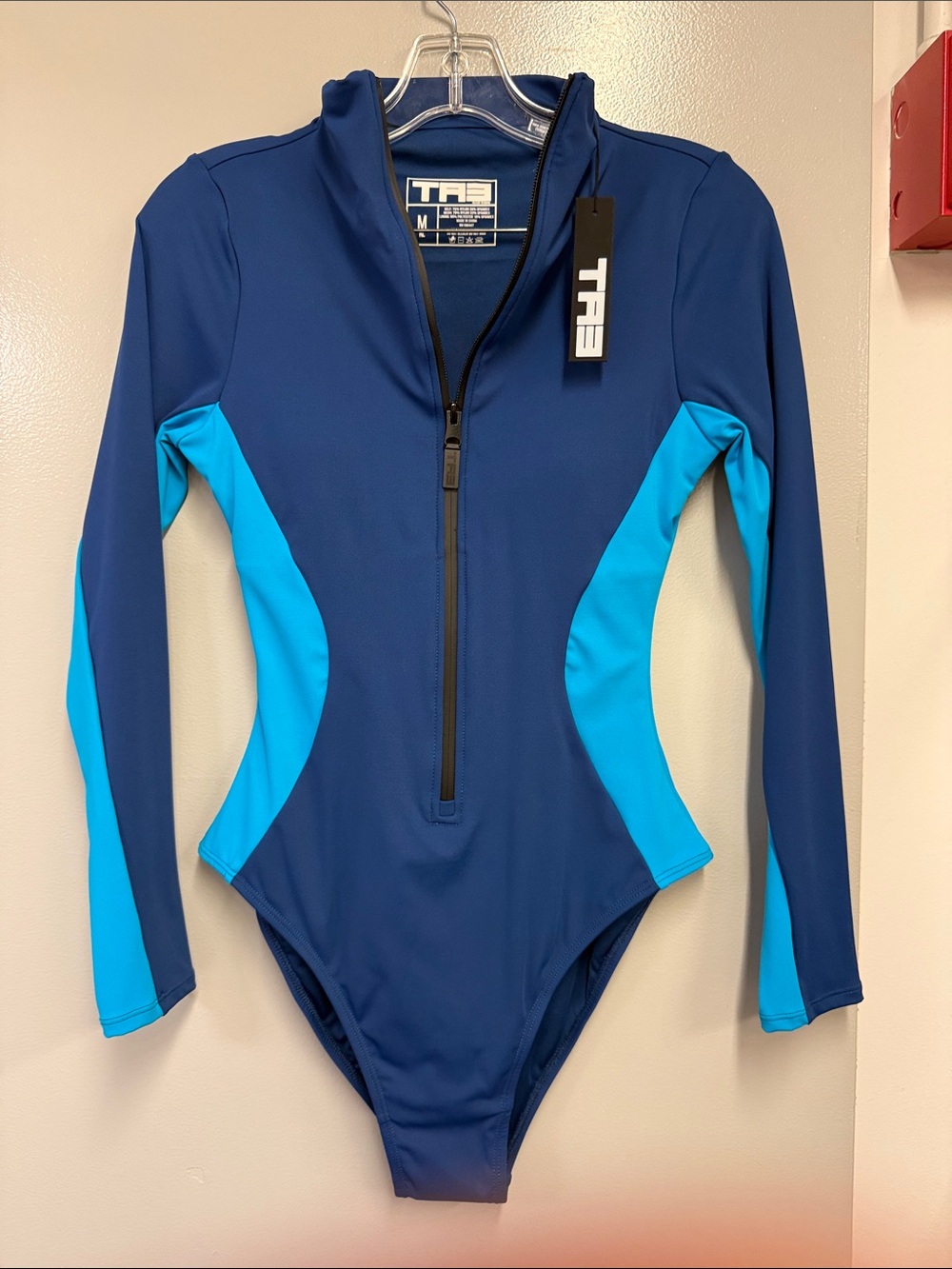 TRB Long-Sleeve Navy & Aqua One-Piece Swim Suit